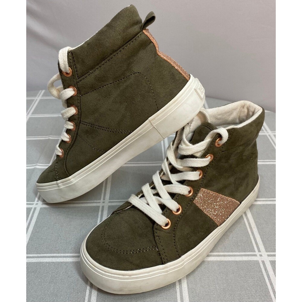 Girls Sz 12 Old Navy Olive & Rose Gold Sparkle & Eyelets Lace up Sneakers Shoes